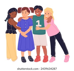 Cute happy kids hugging, smiling, standing together. Diverse children group portrait. Excited joyful little girls and boys, best friends. Flat vector illustration isolated on white background