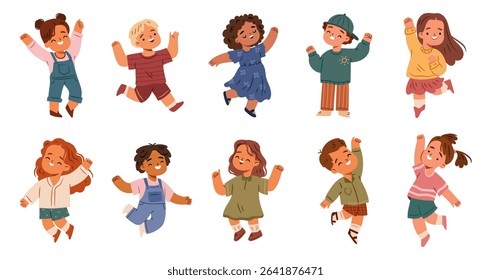 Cute happy kids jumping with joy. Vector isolated cartoon children with smiling facial expression and raised arms in excitement. Energetic and cheerful characters. Celebration or activity concepts