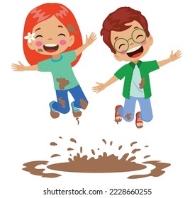 cute happy kids jumping in mud