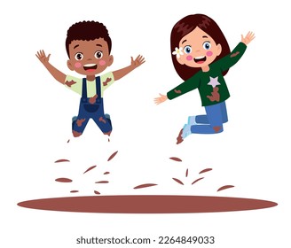 Cute happy kids jumping in mud