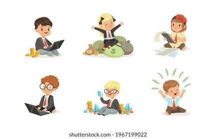 Cute Happy Kids Millionaires Set, Rich Little Children with Bundles of Money, Savings, Finance, Richness Cartoon Vector Illustration