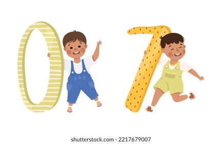 Cute happy kids with numbers. Joyful boysl holding zero and seven number. Birthday ages, party decoration, education materials cartoon vector illustration