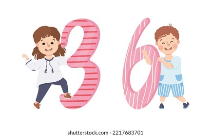 Cute happy kids with numbers. Joyful boy and girl holding three and six number. Birthday ages, party decoration, education materials cartoon vector illustration