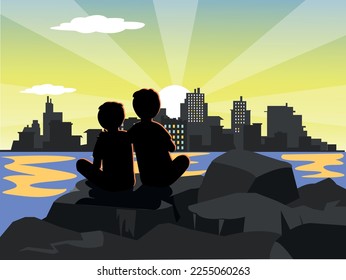 cute happy kids on the cliffs at the beach