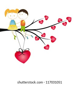 Cute and  happy kids on tree with hearts