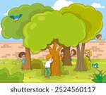 cute happy kids playing hide and seek.Children Playing Hide and Seek in a Green Forest. Happy Kids Hide Behind Trees and Bushes While Enjoying a Fun Outdoor Game.