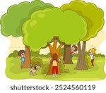 cute happy kids playing hide and seek.Children Playing Hide and Seek in a Green Forest. Happy Kids Hide Behind Trees and Bushes While Enjoying a Fun Outdoor Game.