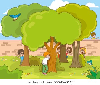 cute happy kids playing hide and seek.Children Playing Hide and Seek in a Green Forest. Happy Kids Hide Behind Trees and Bushes While Enjoying a Fun Outdoor Game.