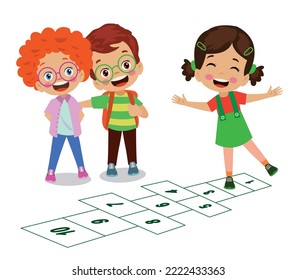 cute happy kids playing hopscotch