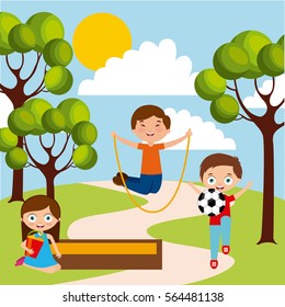 cute happy kids playing in the park. colorful design. vector illustration