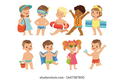 Cute Happy Kids Playing, Swimming and Having Fun at the Beach on Summer Vacation Vector Illustration