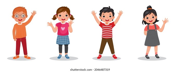 Cute happy kids raising and  waving hands greeting in many expressions and poses.  Such as hands  in the pocket and behind back styles. Group smiling little boys and girl vector standing together. - Shutterstock ID 2046487319