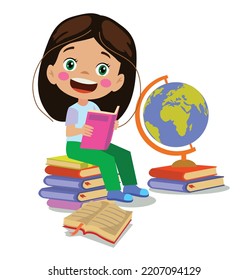 cute happy kids reading book