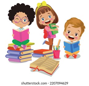 cute happy kids reading book