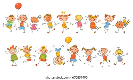 Cute happy kids. In the style of children's drawings. Funny cartoon character. Vector illustration. Isolated on white background