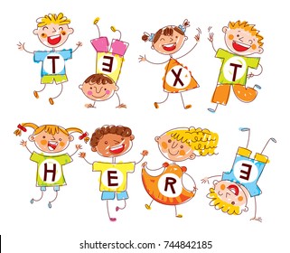 Cute happy kids. In style of children's drawings. Funny cartoon character. Template for advertising brochure. Ready for your message. Space for text. Vector illustration. Isolated on white background