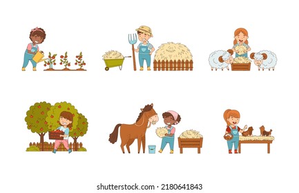 Cute Happy Kids Working On Farm Set. Children Watering Plants, Harvesting Fruit And Caring Of Animals Cartoon Vector Illustration