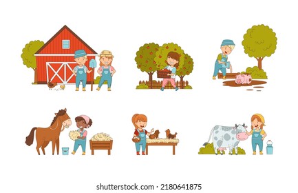 Cute Happy Kids Working On Farm Set. Children Watering Plants, Harvesting Fruit And Caring Of Animals Cartoon Vector Illustration