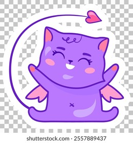 Cute happy kitten, anime character with wings and tail. Sticker for children's games.