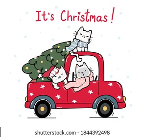 cute happy kitten cat with Christmas tree on red truck car, cartoon doodle clipart flat vector, for greeting card, gift, print