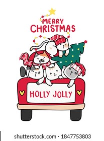 cute happy kitten cat with Christmas tree on red truck car, merry christmas word, holly jolly, cartoon doodle clipart flat vector, for greeting card, gift, print