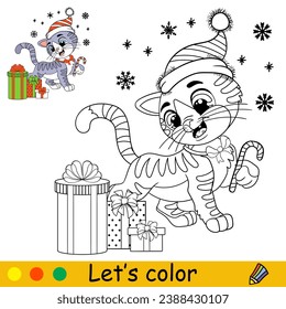 Cute happy kitten in Christmas hat with snowflakes. Cartoon character. Vector isolated illustration. Coloring book with colored sample. For card, poster, design, stickers, decor, kids apparel