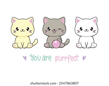 cute happy kittens, playing and enjoying, vector illustration. Design for printing on shirt, poster, banner. White text on pink background. Lovely print for t-shirt, christmas.