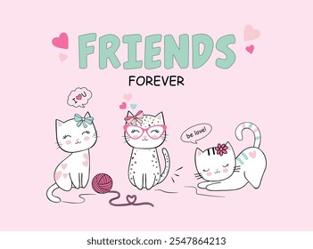 cute happy kittens, playing and enjoying, vector illustration. Design for printing on shirt, poster, banner. White text on pink background. Lovely print for t-shirt, christmas.