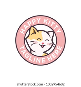 Cute Happy Kitty Cartoon Character Logo Design Illustration. Adorable Cat Mascot Cartoon. Smiling Cat Cartoon Logo. Can Be Used For Cat Lover. Pet Shop 