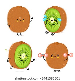 Cute happy Kiwi fruit characters bundle set. Vector hand drawn doodle style cartoon character illustration icon design. Cute Kiwi fruit mascot character collection