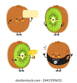 Cute happy Kiwi fruit characters bundle set. Vector hand drawn doodle style cartoon character illustration icon design. Cute Kiwi fruit mascot character collection