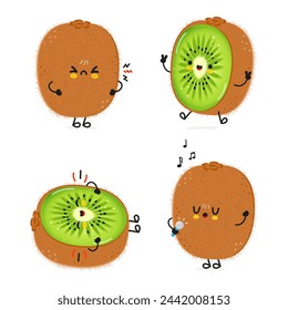 Cute happy Kiwi fruit characters bundle set. Vector hand drawn doodle style cartoon character illustration icon design. Cute Kiwi fruit mascot character collection