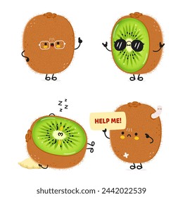 Cute happy Kiwi fruit characters bundle set. Vector hand drawn doodle style cartoon character illustration icon design. Cute Kiwi fruit mascot character collection