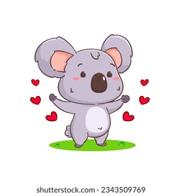 Cute happy koala bear cartoon character sharing love. Adorable kawaii animal vector illustration. Isolated white background. 