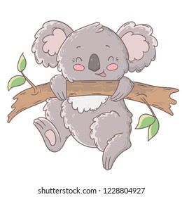 Cute happy koala hangs on a branch