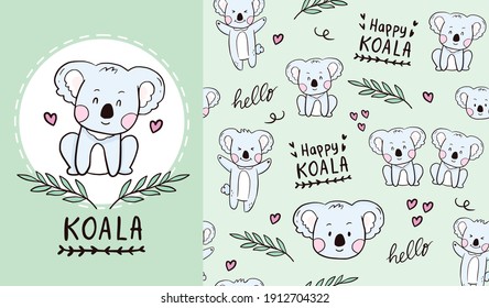 Cute happy koala seamless pattern illustration cartoon for kids and baby shower