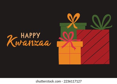 Cute Happy Kwanzaa greeting card with gift boxes. African American heritage holiday. Vector illustration. Joyous Kwanza.