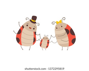 Cute Happy Ladybug Family, Cheerful Mother, Father and Their Little Baby, Adorable Cartoon Insects Characters Vector Illustration