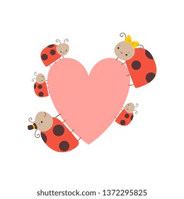 Cute Happy Ladybug Family, Cheerful Mother, Father and Their Babies with Big Heart, Adorable Cartoon Insects Characters Vector Illustration