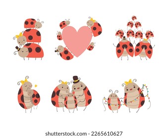 Cute Happy Ladybug Family with Cheerful Mother, Father and Their Baby Vector Set