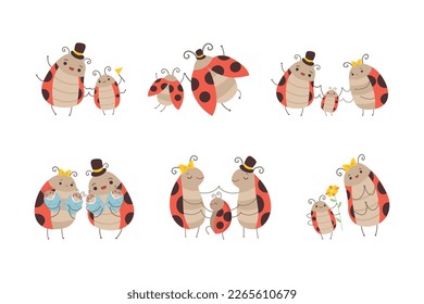 Cute Happy Ladybug Family with Cheerful Mother, Father and Their Baby Vector Set