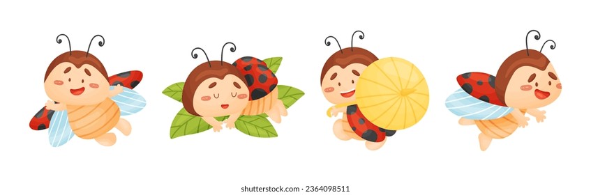 Cute Happy Ladybug with Spotted Wings Vector Set