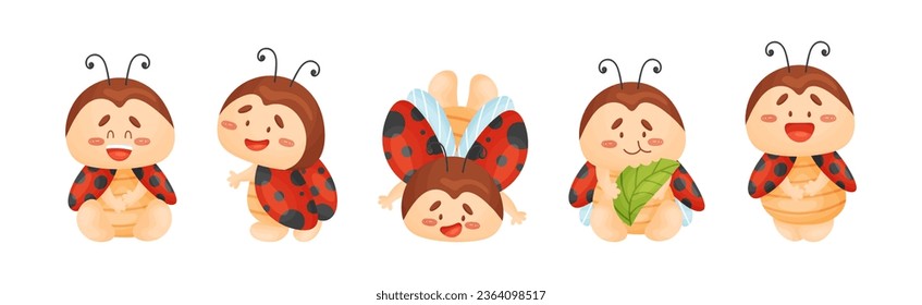 Cute Happy Ladybug con Spots Wings Vector Set