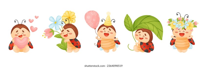 Happy Ladybug mit Spotted Wings Vector Set