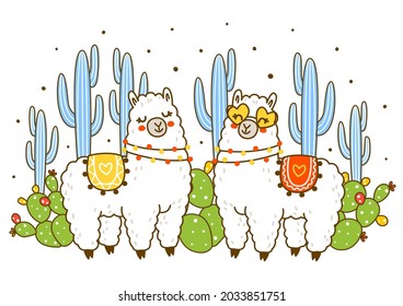 Cute happy lamas with cactuses isolated on white - cartoon characters for Your design