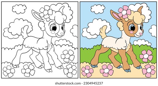 Cute happy lamb in a blooming meadow. Vector cartoon illustration. Kids coloring page with a color sample. For print, design, poster, sticker, card, decoration, t shirt design and coloring pages books