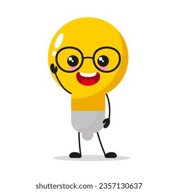Cute happy lamp character wear eyeglasses. Smiling and greet electric cartoon emoticon in flat style. bulb vector illustration