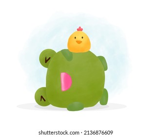 Cute Happy laugh frog with a chicks in cartoon style