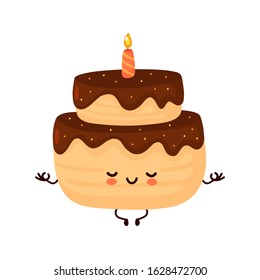 Cute happy layered birthday party cake with one candle meditate in yoga pose. Vector flat cartoon character illustration icon design.Isolated on white background.  Birthday cake concept