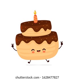 Cute happy layered birthday party cake with one candle. Vector flat cartoon character illustration icon design.Isolated on white background.  Birthday cake concept